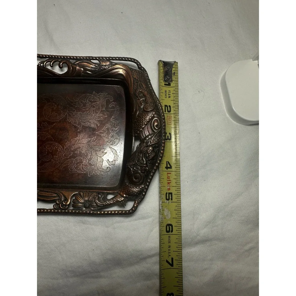 Vintage Dragon Metal Tray Copper Tone Good Ornate Embossed Chinoiserie 9.5in